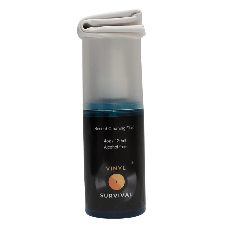 120ml Vinyl Survival Record Cleaning Fluid with white micro fibre cloth with white background