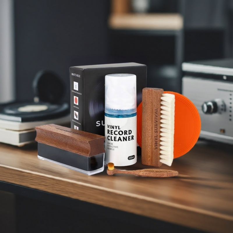 All the contents of the Vinyl Survival record cleaning kit: velvet brush, stylus brush, microfibre cloth, label protector, cleaning fluid, goat hair deep groove cleaning brush