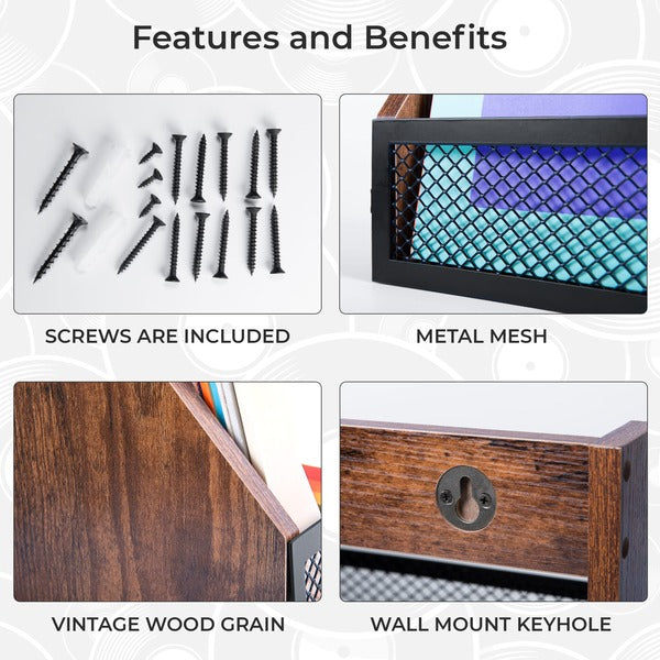 4 features of Hamilton Max record shelf are screws included, metal mesh, vintage wood grain, wall mount keyhole
