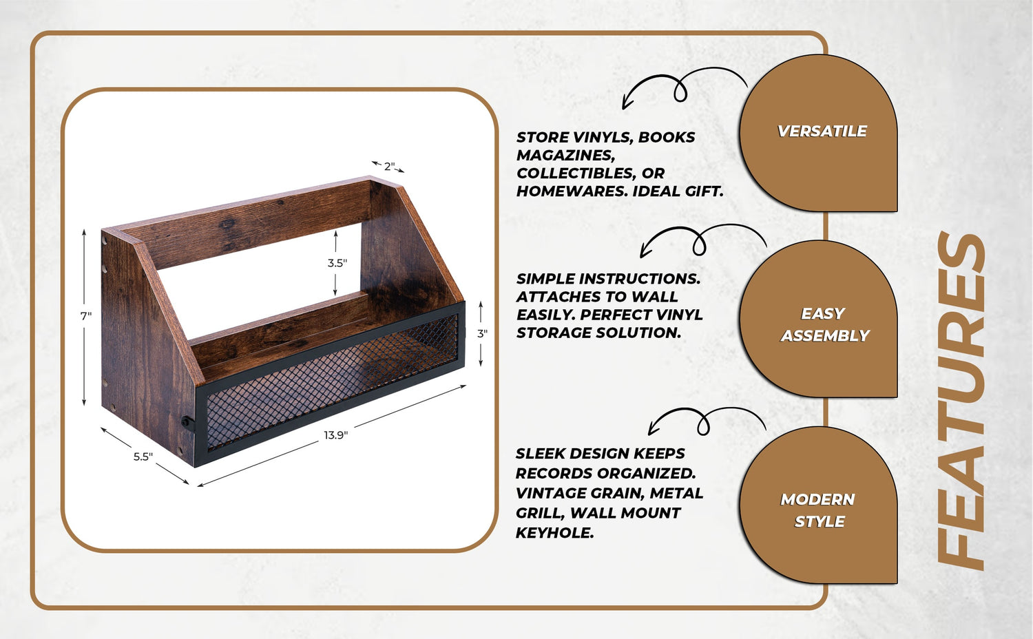 Three features of the hamilton max vinyl record shelf. Versatile, easy assembly, and modern style.