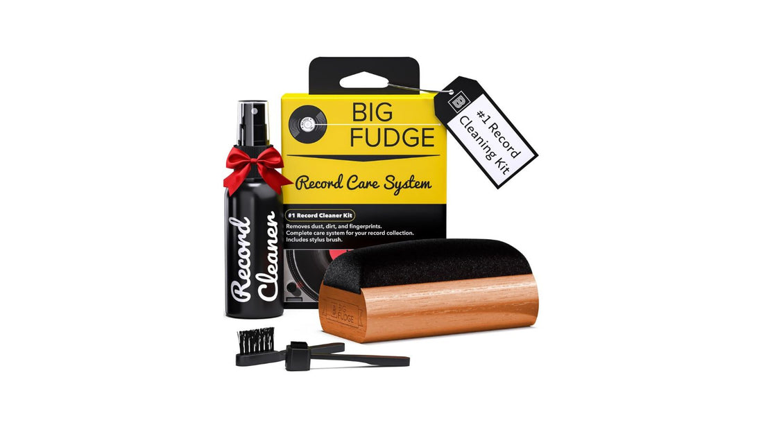 The Big Fudge record cleaning kit items of velvet brush, stylus brush, record cleaner spray and, small brush