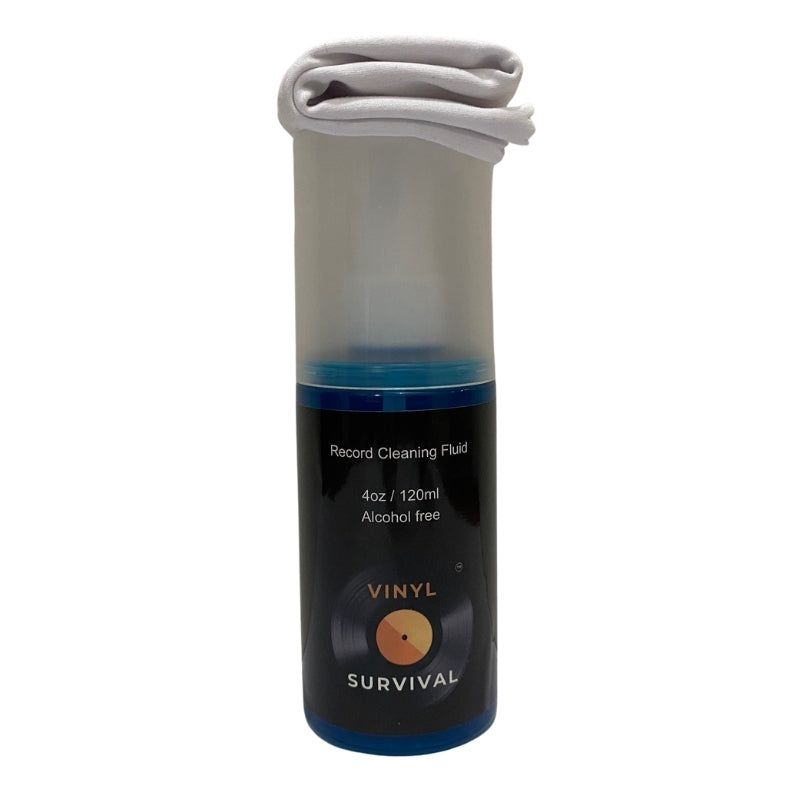 120ml (4 oz) bottle of vinyl survival record cleaning fluid with white cleaning cloth sitting on top of it, with white background
