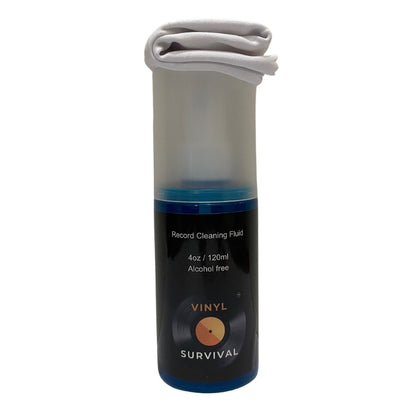 120ml (4 oz) bottle of vinyl survival record cleaning fluid with white cleaning cloth sitting on top of it, with white background