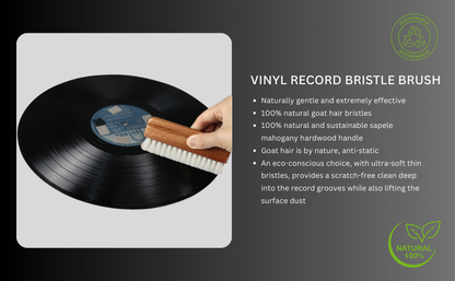 Vinyl record cleaning brush with a hand holding it over a record, on a dark background with product details.